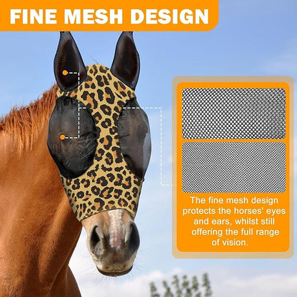 Horse Fly Mask with Ears - Comfort Fit, Durable &amp; Breathable, Easy to on/Off | UV Protection, Large Eye Space, Stretchy Leopard Print (2pcs Large, Tangle-Free)
