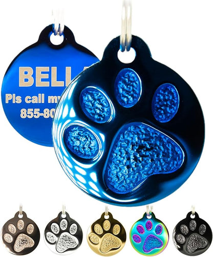 Engraved Pet Tag for Dogs and Cats - Personalized Front &amp; Back up to 4 Lines of Text Custom Engraved ID, Round Paw Print Solid Plating Stainless Steel Blue Regular