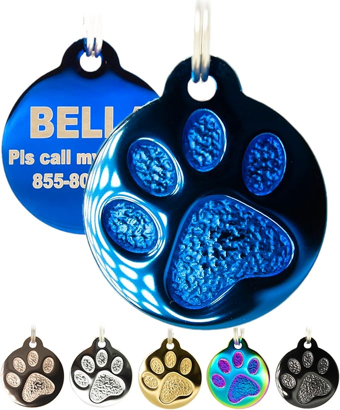 Engraved Pet Tag for Dogs and Cats - Personalized Front &amp; Back up to 4 Lines of Text Custom Engraved ID, Round Paw Print Solid Plating Stainless Steel Blue Small