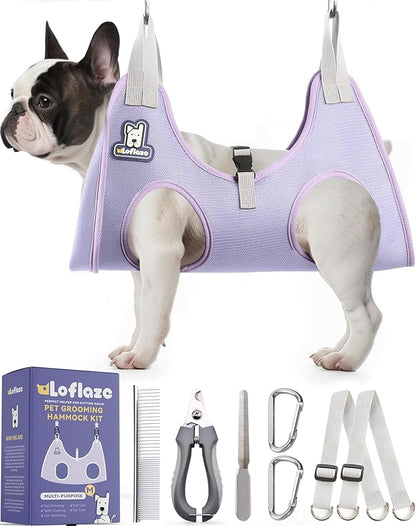 Dog Grooming Hammock Harness for Dogs &amp; Cats with Pet Nail Clipper Trimmer - Cat Hanger Sling for Trimming Clipping Nails- Dog Hammock Restraint Bag for Small Medium Large pet （ Purple M）