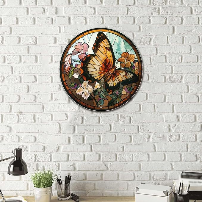 Lygond Metal Butterfly Stained Glass Tin Sign for Garage 88 Inches