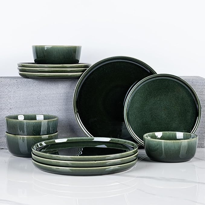 GBHOME Ceramic Dinnerware Sets for 6, 18 Pieces Stoneware Plates and Bowls Sets, Reactive Glaze Dishes -Scratch Resistant, Dishwasher&amp;Microwave Safe, Earth Green
