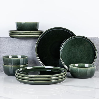 GBHOME Ceramic Dinnerware Sets for 6, 18 Pieces Stoneware Plates and Bowls Sets, Reactive Glaze Dishes -Scratch Resistant, Dishwasher&amp;Microwave Safe, Earth Green