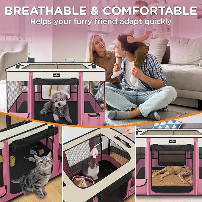 Foldable Pet Kitten Playpen, Upgrade Waterproof Portable Cat Dog Playpen Kennel Tent for Dog Cat, Removable Shade Cover with Free Carrying Case, Indoor Outdoor Use for Small Pet, Pink