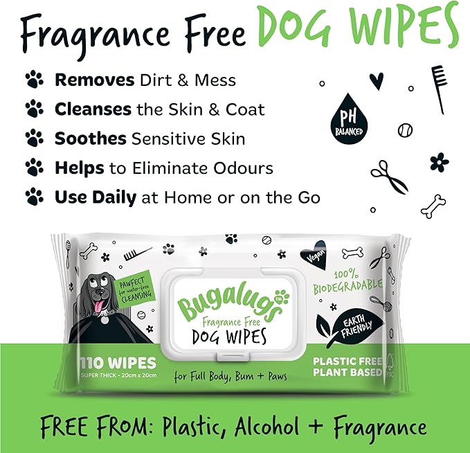 Dog Wipes, 100% Plastic Free Biodegradable pet Wipes for Full Body, Eye Wipes, Ear Wipes, Bum &amp; Paws. 110 Sensitive Dog Grooming Wipes for Dogs, Puppy &amp; cat Grooming (Fragrance Free)
