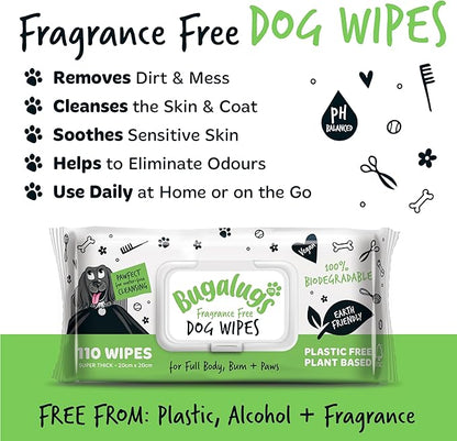 Dog Wipes, 100% Plastic Free Biodegradable pet Wipes for Full Body, Eye Wipes, Ear Wipes, Bum &amp; Paws. 110 Sensitive Dog Grooming Wipes for Dogs, Puppy &amp; cat Grooming (Fragrance Free)