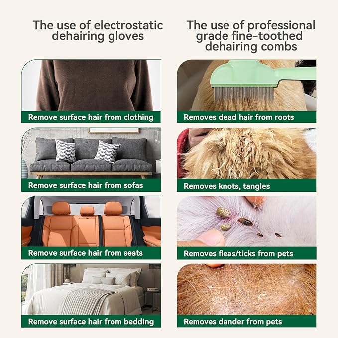 Pet Hair Removal Kit – Static Hair Removal Glove &amp; Shedding Comb for Cats &amp; Dogs, Removes Hair from Clothing, Furniture, Carpets &amp; Bedding, Tackles Tangles, Fleas &amp; Dander