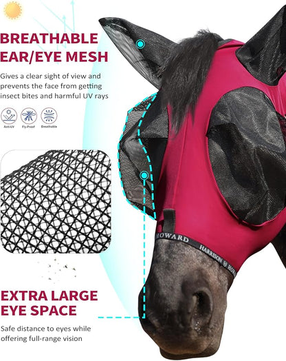 Harrison Howard Horse Fly Mask with Forelock Opening Stretch Breathable and Comfortable for Horses UV -Protection Burgundy L