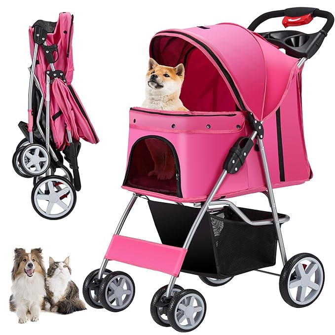 4 Wheels Pet Stroller for Small Medium Dogs Cats 10-33 lbs, Foldable Dog and Cat Stroller with Cup Holder &amp; Storage Basket &amp; Breathable Mesh, Pet Strolling Cart for All-Season, Pink