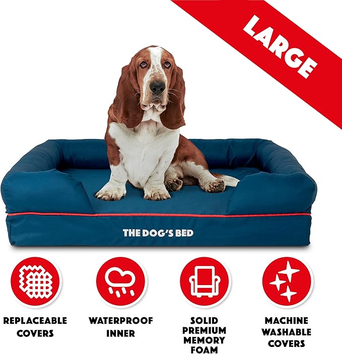 The Dog’s Bed, Large Oxford Blue/Red 36x27 Memory Foam, Pain Relief: Arthritis, Hip &amp; Elbow Dysplasia, Post Surgery, Lameness, Supportive, Calming, Waterproof Washable Cover, Veterinary Approved