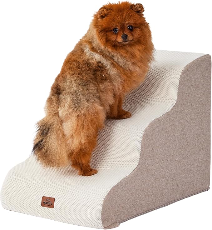 Beige Curved Dog Stairs Ramp for Small Dogs &amp; Cats 17" H, 3-Step Dog Steps for Couch Sofa and Chair, Pet Stairs for Cats, Non-Slip Balanced Pet Steps