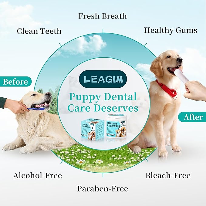 Dog Teeth Cleaning Wipes, Cat &amp; Dog Toothbrush Brushing Kit, Dog Tooth Finger Dental Wipes to Remove Tartar &amp; Plaque, Plant-Based Care Disposable Pet Wipes (50 Count, Uncented)