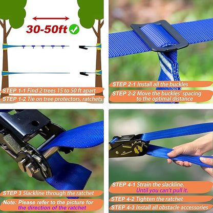 Ninja Warrior Obstacle Course for Kids, 2×56ft Slackline Kit with 8 Ninja Accessories - Monkey Bar, Rope Ladder, Gymnastic Ring, Arm Trainer and Monkey Fist