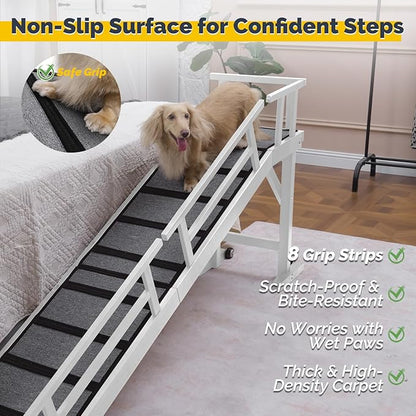 Dog Ramp for Bed or Couch, Wooden Pet Ramp with 20° Gentle Slope, Removable Side Rails, Non-Slip Surface, Top Platform &amp; Wheels, Safe Bed Ramp for Small, Medium &amp; Senior Dogs, 74" Long, White