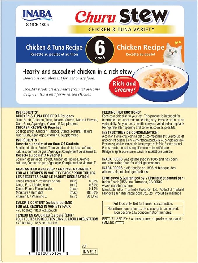 INABA Churu Stew for Cats, Side Dish Pouch with Vitamin E, 1.4 Ounces per Pouch, 12 Pouches, Chicken &amp; Tuna Variety