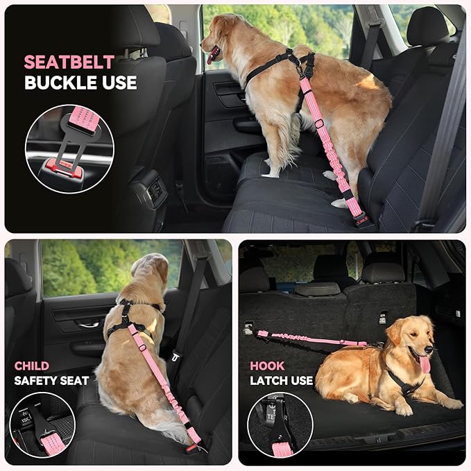 Pawaboo Dog Seatbelt for Car, 3-in-1 Dog Seat Belt Bungee, Shockproof Dogs Tether for Car with Buckle &amp; Hook Latch, Adjustable Reflective Dogs Cars Harness Leash with 360° Lockable Buckle, Pink