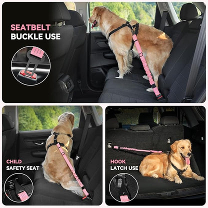 Pawaboo Dog Seatbelt for Car, 3-in-1 Dog Seat Belt Bungee, Shockproof Dogs Tether for Car with Buckle &amp; Hook Latch, Adjustable Reflective Dogs Cars Harness Leash with 360° Lockable Buckle, Pink