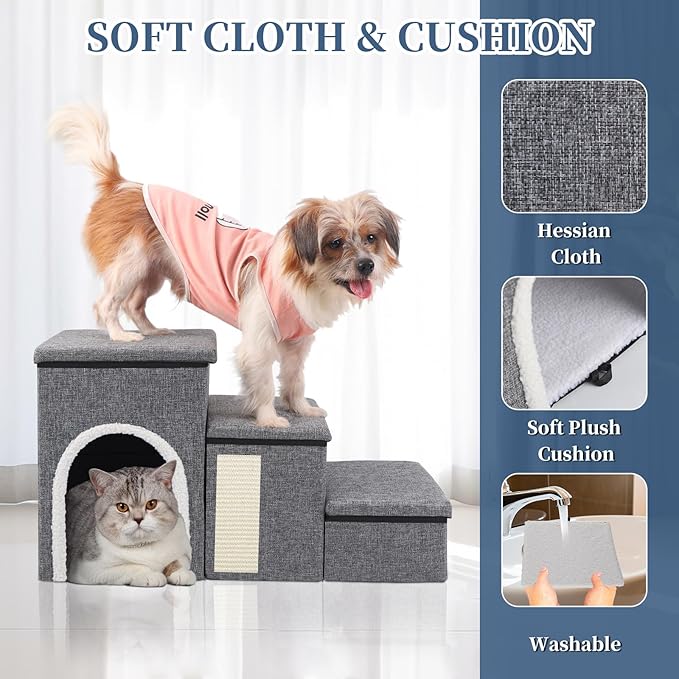 Dog Stairs for High Bed and Couch, 4 IN 1 Foldable Pet Stairs for Cats &amp; Small and Medium Dogs, Adjustable Dog Steps with Pet Climbing Ladders/Cozy Condo/Storage Boxes/Cat Scratcher, Hold Up to 180LBS
