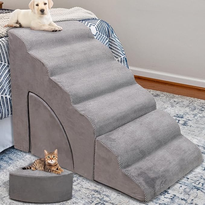 Foam Dog Stairs &amp; Steps Ramps for High Beds 30 inches Tall for Small Dogs and Cats, LitaiL 6 Step Pet Stairs Steps for High Beds 30 inch Large Dogs, Non-Slip Dog Ramps for Older Cat