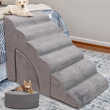 Foam Dog Stairs &amp; Steps Ramps for High Beds 30 inches Tall for Small Dogs and Cats, LitaiL 6 Step Pet Stairs Steps for High Beds 30 inch Large Dogs, Non-Slip Dog Ramps for Older Cat