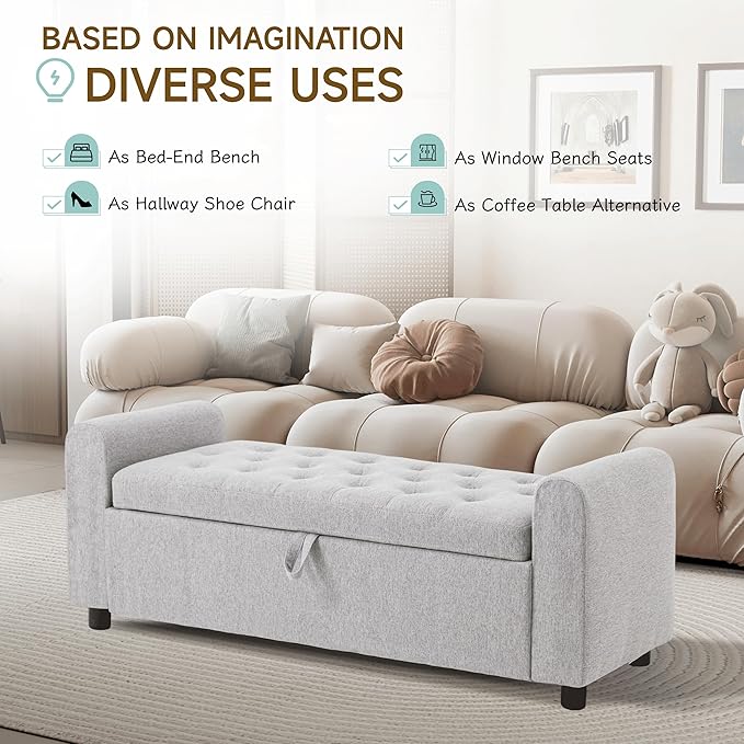 Ottoman with Storage, Tufted Storage Bench for Bedroom, 48" Fabrics End of Bed Bench, Upholstered Entryway Shoe Benches with Rolled Arm &amp; Inner Zipper, Window Ottomans Chest without Rivets, Light Grey