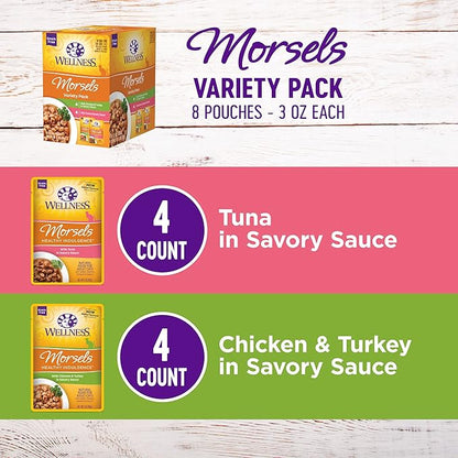 Wellness Healthy Indulgence Morsels Adult Wet Cat Food, Natural, Protein-Rich, Grain-Free, 3 Ounce Pouch, 8 Pack, (Morsels Variety Pack)