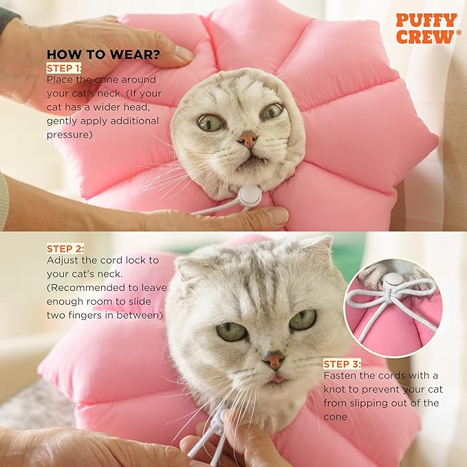 Puffy Crew Soft Cat Cone Collar, Adjustable Waterproof Recovery Collar, Lightweight Elizabethan e Collar for Cats of All Breeds (Pink, Medium, Neck Circumference 6.5&