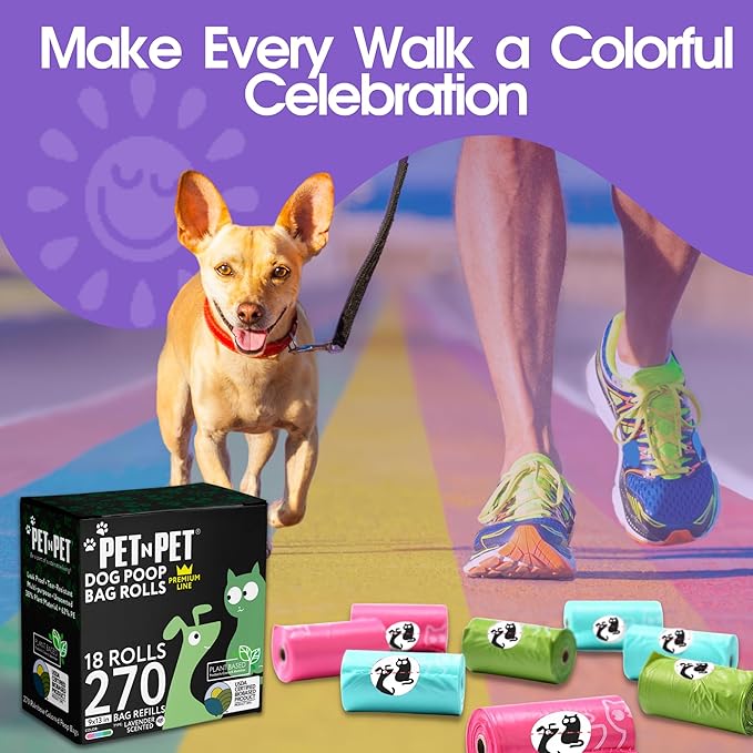 Pet N Pet 270 Counts Lavender Scented, Colorful Poop Bags for Dogs, 38% Plant Based &amp; 62% PE Dog Poop Bags Rolls, Extra Thick Dog Waste Bag, Doggy Bag