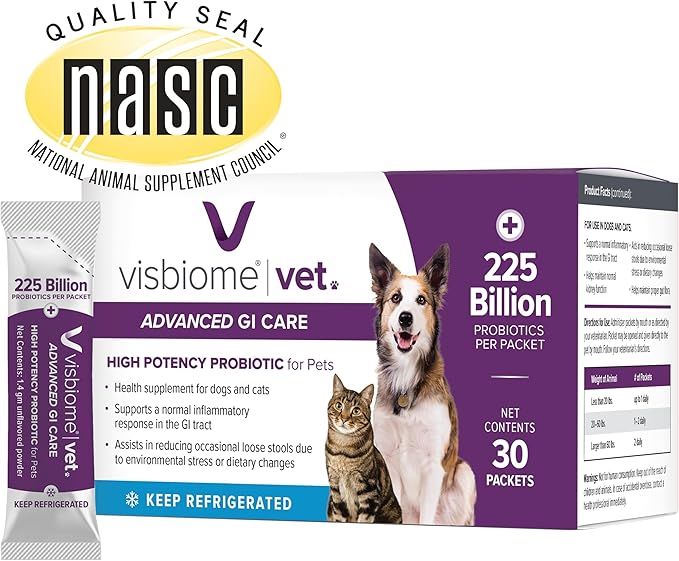 Visbiome® Vet Advanced GI Care Probiotic for Dogs &amp; Cats – 225B CFU, 8-Strain Formula – Veterinarian Recommended, Clean Label Certified – 60 Packets