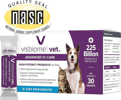 Visbiome® Vet Advanced GI Care Probiotic for Dogs &amp; Cats – 225B CFU, 8-Strain Formula – Veterinarian Recommended, Clean Label Certified – 60 Packets