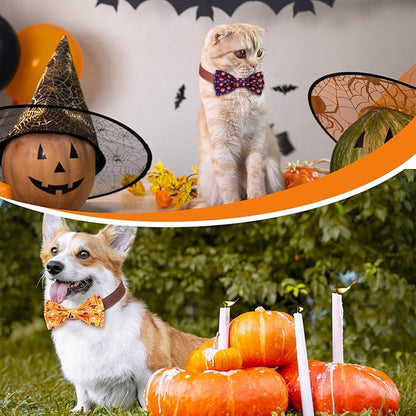 Hillban 50 Pieces Halloween Collar Dog Bow Ties Accessories for Dogs Bow Ties Attachment with Elastic Bands Dog Collar Detachable Charms for Halloween Dogs Collar Accessories