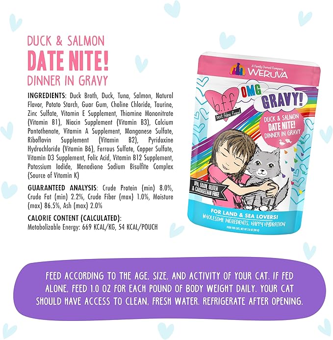 Weruva B.F.F. OMG - Best Feline Friend Oh My Gravy!, Date Nite! with Duck &amp; Salmon in Gravy Cat Food, 2.8oz Pouch (Pack of 12)