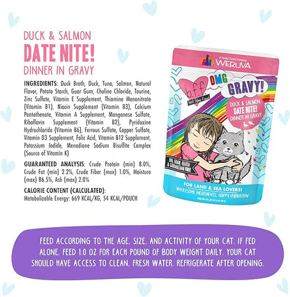 Weruva B.F.F. OMG - Best Feline Friend Oh My Gravy!, Date Nite! with Duck &amp; Salmon in Gravy Cat Food, 2.8oz Pouch (Pack of 12)
