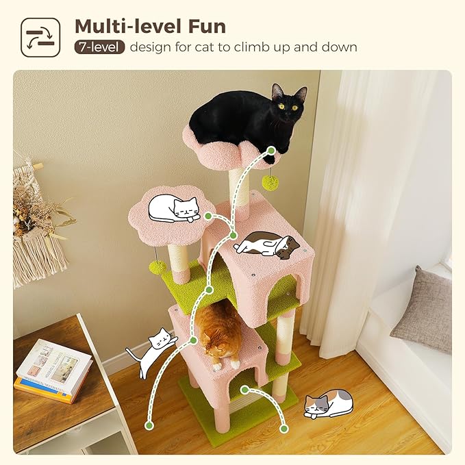 Flower Cat Tree, 62-Inch Tall Multi-Level Cat Tower with Scratching Posts for Large Indoor Cats, Plush Bed w/Padded Perches, Scratching Pad &amp; 2 Green Pompoms, Pink