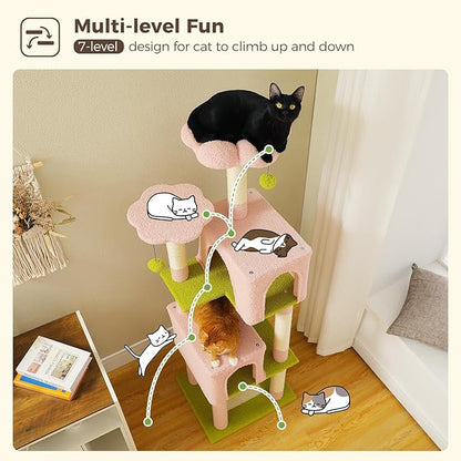 Flower Cat Tree, 62-Inch Tall Multi-Level Cat Tower with Scratching Posts for Large Indoor Cats, Plush Bed w/Padded Perches, Scratching Pad &amp; 2 Green Pompoms, Pink