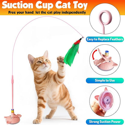 Cat toy pack with 27PCS self play accessories for indoor cats-cat teaser wand, fishing pole, suction cup, ball, string, mouse, feathers and hanging interactive cat toys for kitten Exercise &amp; Chase