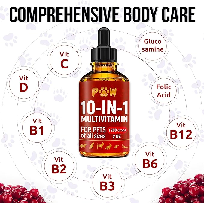 Liquid Multivitamin for Dogs – Daily Glucosamine, Vitamin B, C &amp; D3 Support – Cat Vitamins for Indoor Cats to Care for Joints &amp; HIPS, Skin &amp; Coat, and Gut – Help with Allergies &amp; UTIs – 2 Oz