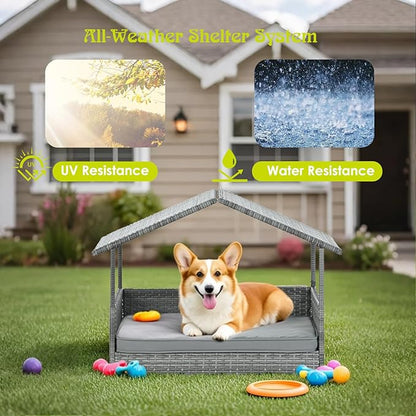 Wicker Dog House Outdoor Indoor with Canopy, Elevated Dog Shelter &amp; Dog Bed with Light Gray Cushion, Water-Resistant Raised Pet House for Small Medium Dogs, Rattan Dog Cot for Deck, Patio, Yard, Pool