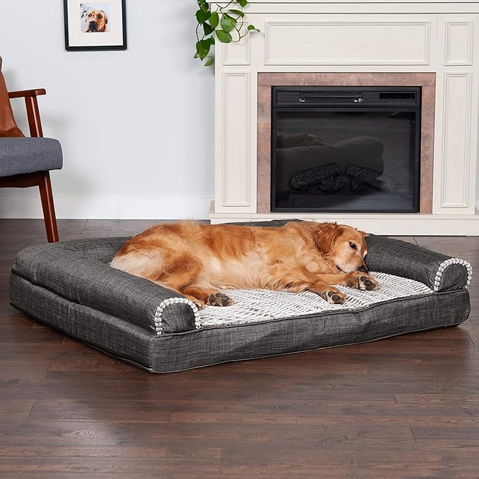 Furhaven Orthopedic Dog Bed for Large Dogs w/ Removable Bolsters &amp; Washable Cover, For Dogs Up to 95 lbs - Luxe Faux Fur &amp; Performance Linen Sofa - Charcoal, Jumbo/XL