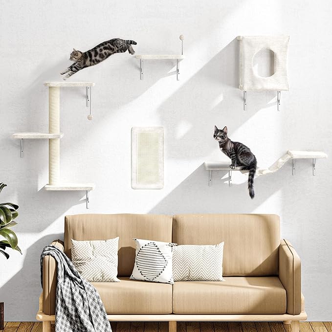 NUNU LAB Wall Mounted Cat Furniture, 5 Pcs Cat Wall Shelves with House, Bridge, Steps, Scratching Post, Shelves, Indoor Safe &amp; Stable Furniture for Kittens Play, Beige