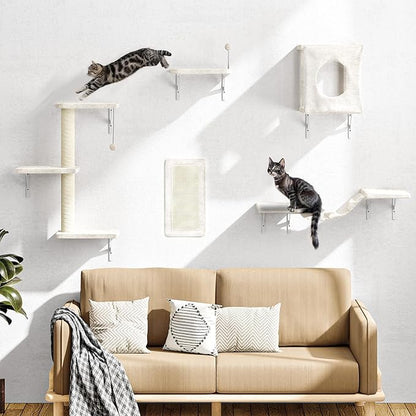 NUNU LAB Wall Mounted Cat Furniture, 5 Pcs Cat Wall Shelves with House, Bridge, Steps, Scratching Post, Shelves, Indoor Safe &amp; Stable Furniture for Kittens Play, Beige