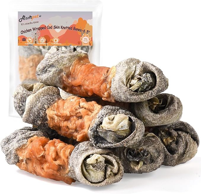 ASMPET Dog Treats Chews, Chicken Wrapped Cod Skin Knotted Bones Rawhide-Free &amp; Grain-Free for Small Medium Large Breeds