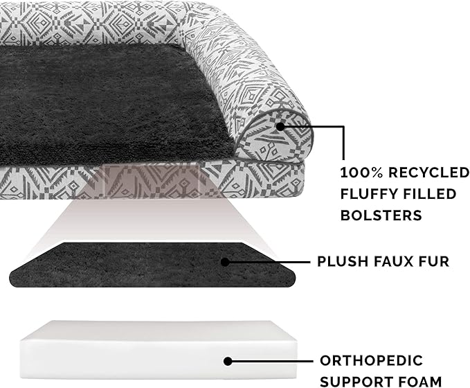 Furhaven Orthopedic Dog Bed for Large Dogs w/ Removable Bolsters &amp; Washable Cover, For Dogs Up to 125 lbs - Plush &amp; Southwest Kilim Woven Decor Sofa - Boulder Gray, Jumbo Plus/XXL