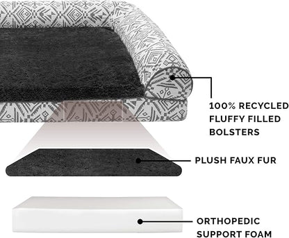 Furhaven Orthopedic Dog Bed for Large Dogs w/ Removable Bolsters &amp; Washable Cover, For Dogs Up to 125 lbs - Plush &amp; Southwest Kilim Woven Decor Sofa - Boulder Gray, Jumbo Plus/XXL