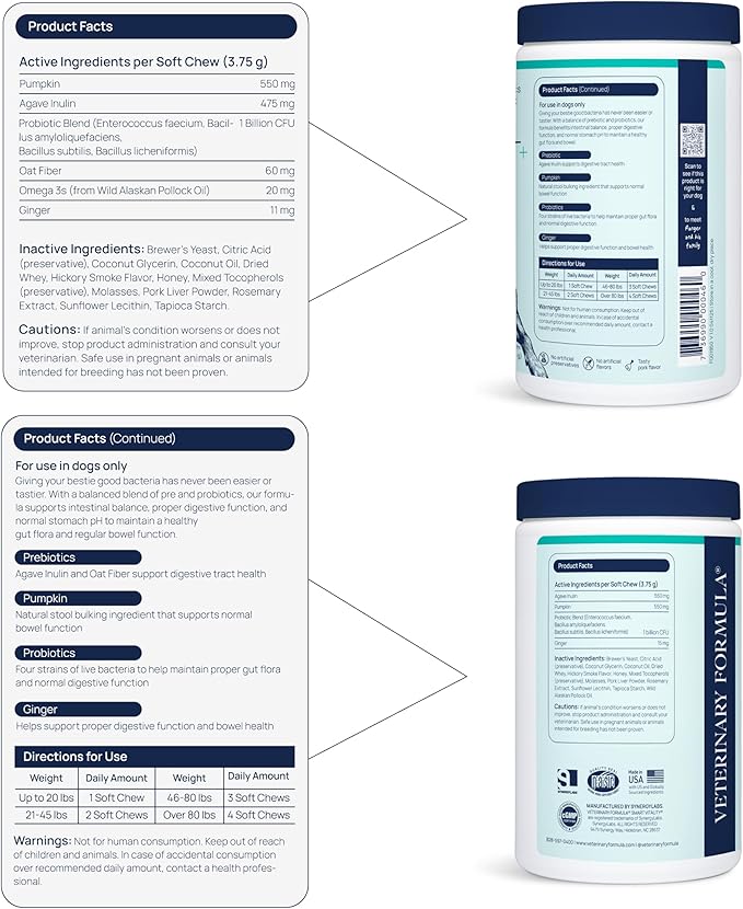 Veterinary Formula Gut Health Supplement for Dogs – Vet-Formulated Probiotic Chews with Digestive Enzymes &amp; Fiber – Smart Vitality Supports Digestive Health, Gut Balance &amp; Stool Quality, 60 Soft Chews