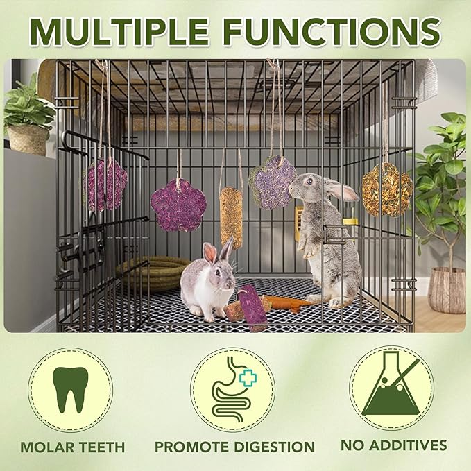 12PCS Rabbit Chew Sticks, Hanging Chew Sticks &amp; Cakes Timothy Hay Rose Chrysanthemum Treat for Bunny Chinchilla Guinea Pig Hamster and Other Small Pets Molar Snack Toy
