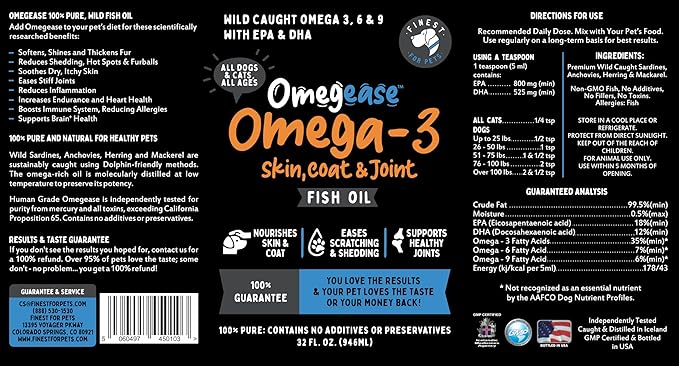 Omegease Fish Oil for Dogs &amp; Cats - Finest for Pets Omega 3 for Cats &amp; Dogs - Supplement for Skin &amp; Coat, Itching, Shedding, Joints &amp; Immune Health - 100% Pure Omega Fish Oil with EPA &amp; DHA (32 oz)