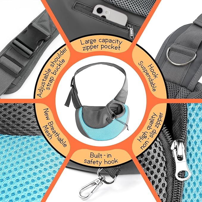 YUDODO Pet Sling Carrier for Small Dogs &amp; Cats – Hands-Free Puppy Carrier with Safety Hook, Large Zipper Pocket, Soft Breathable Mesh, Adjustable Strap &amp; Reflective Strip (Cyan 1.0 S)