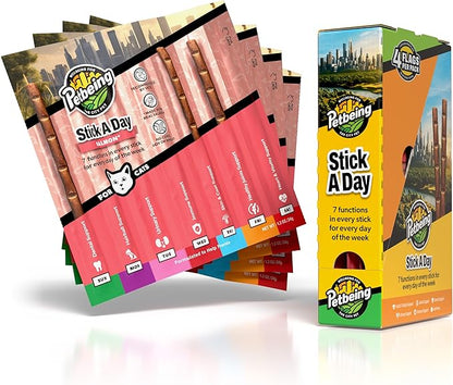 Stick a Day | Specially Formulated 7-in-1 Functions Daily Real Meat Supplement for Cats | Cat Chew Stick &amp; Pet Vitamins Supplements Combination (7-Pack x 4, Salmon)