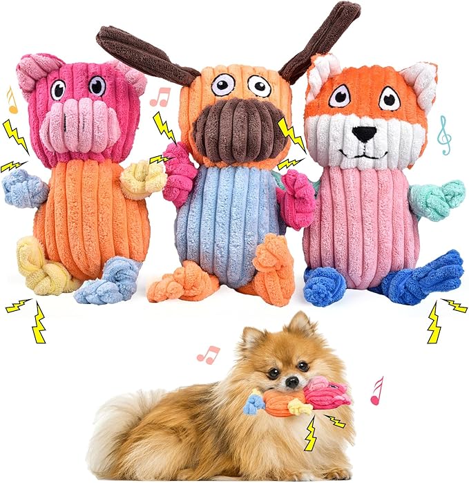 3pcs Dog Squeaky Toys, Plush Stuffed Puppy Chew Toy for Extended Play, Interactive Toys Gifts for Small Medium Large Chewer Dogs, Pet Toy Bulk to Keep Them Busy(Dog&amp;Fox&amp;Pig)
